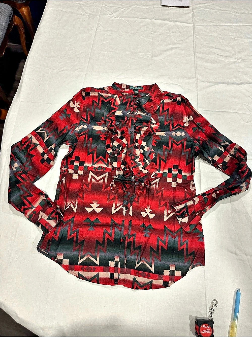 Lauren Jeans Company Geometric Button Down Shirt in Red & Black Large Like New